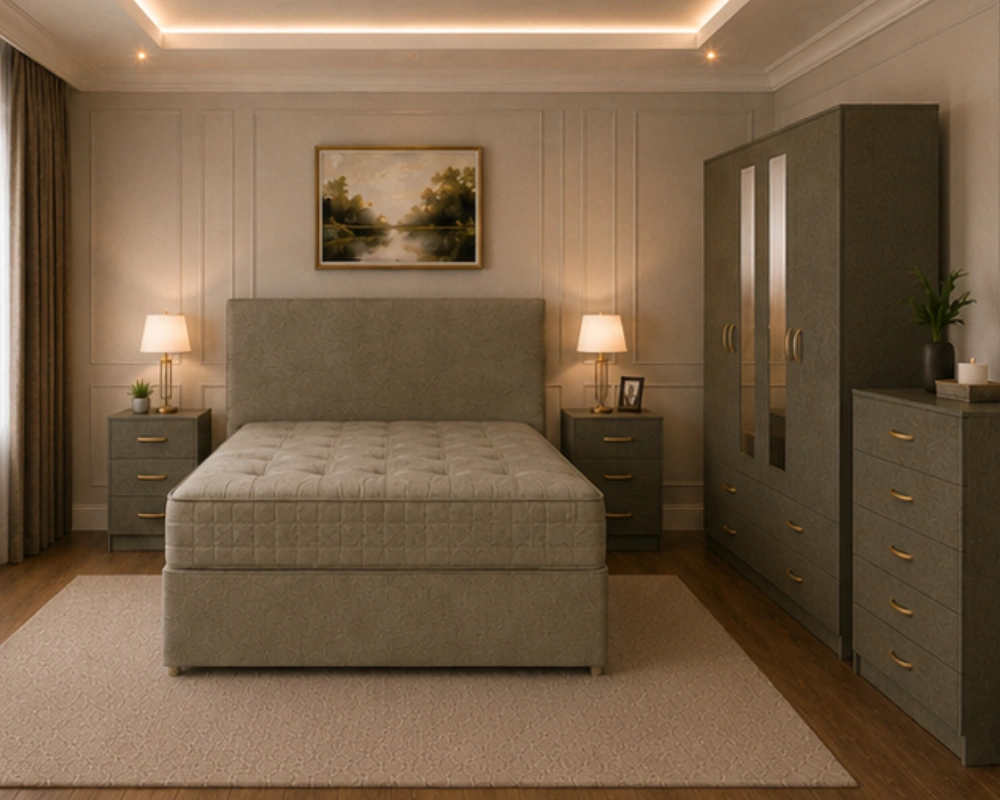 11 Contemporary Double Bedroom Set with Bed Family Bedroom Package - Double Bed - 4 Door Wardrobe With Full Length Mirrors And Bottom Drawers - Two Bedside Tables - Image 1