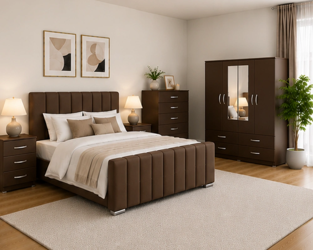 11 Double Bed Furniture Set with Complete Bedroom Storage Luxury Double Bed Suite - Four Door Wardrobe With Full Length Mirror And Bottom Drawers - Chest of Five Drawers - Two Bedside Tables - Image 1