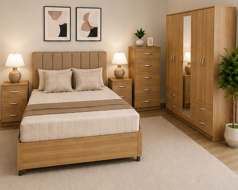 11 Double Bed Furniture Set – Wardrobe, Chest and Bedside Tables Premium Bedroom Furniture Set – Double Bed, Five Door Wardrobe with Four Bottom Drawers, Chest of Five Drawers & Two Bedside Tables - Image 1