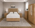 Deluxe Oak Double Bed Bedroom Suite – Four Door Wardrobe with Four Bottom Drawers – Chest of Five Drawers with Two Bedside Tables