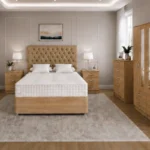 Deluxe Oak Double Bed Bedroom Suite – Four Door Wardrobe with Four Bottom Drawers – Chest of Five Drawers with Two Bedside Tables