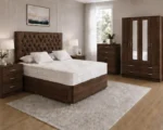 Elegant Walnut Bedroom Set Including 4 Door Mirrored Wardrobe, Chest of Drawers and Side Tables - Image 2