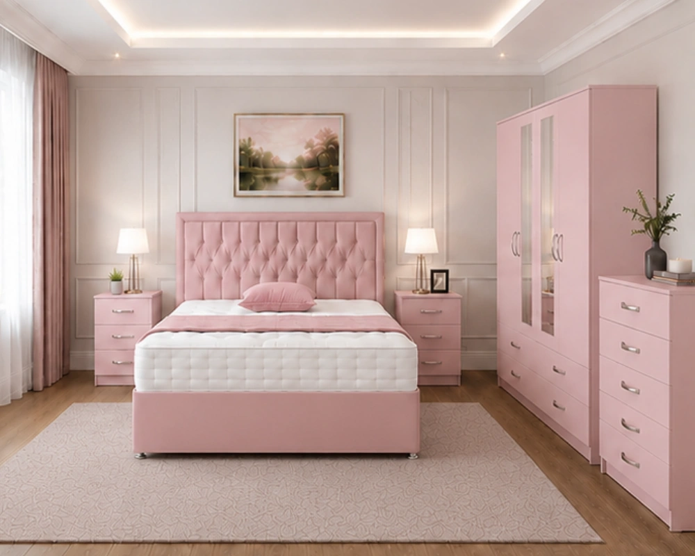 11 Modern Bedroom Set Double Bed with Mirrored Wardrobe Modern Storage Bedroom Furniture - Double Bed - Four Door Wardrobe With Two Full Mirrors - Four Bottom Drawers - Image 1