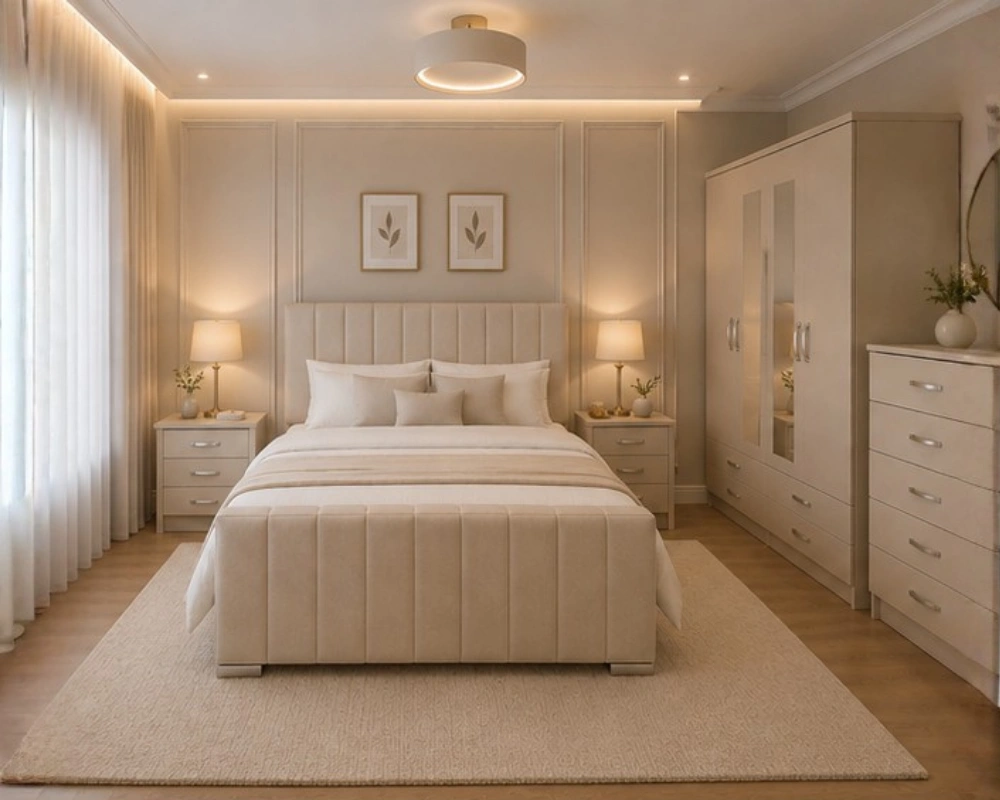 11 Modern Double Bed Set with Wardrobe & Matching Bedroom Units Contemporary Double Bed Set With Four Door Wardrobe With Four Drawer - Chest of Five Drawers With Two Bed Side Table - Image 1