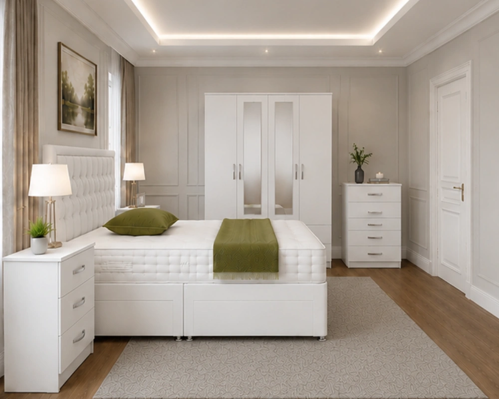 11 Stylish Modern Complete Bedroom Furniture – Double Bed, Mirrored Wardrobe, Bedside Tables & Chest Family Bedroom Furniture Bundle - Double Bed - 4 Door Mirror Wardrobe - Four Bottom Drawers - Chest of Five Drawers - Image 1