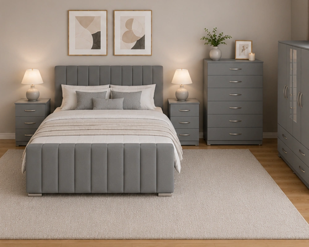 11 Stylish Modern Complete Bedroom Furniture – Double Bed, Mirrored Wardrobe, Bedside Tables & Chest Contemporary Double Bed Furniture Set - Four Door Mirror Wardrobe With Bottom Drawers - Chest of Five Drawers - Two Bedside Tables - Image 1