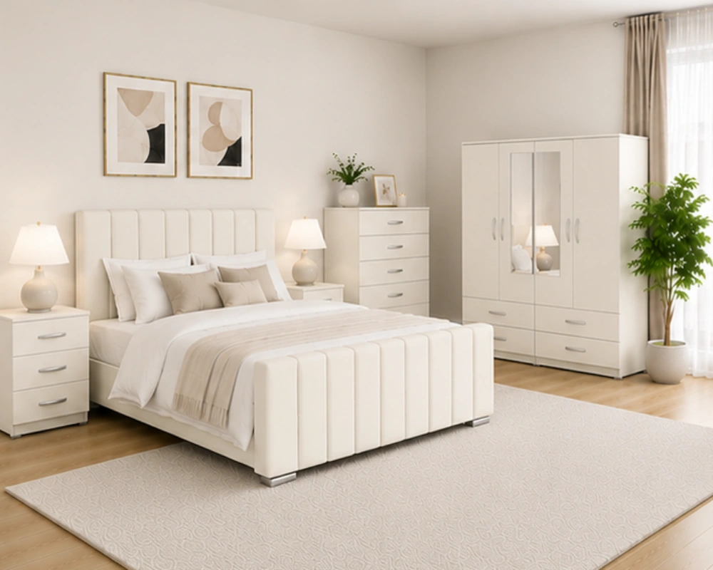 12 Complete Bedroom Furniture Suite – Double Bed & Matching Units Complete Bedroom Furniture Package - Double Bed - 4 Door Mirror Wardrobe - Five Drawer Chest - Two Bedside Tables - Image 1