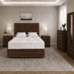 Elegant Walnut Bedroom Set Including 4 Door Mirrored Wardrobe, Chest of Drawers and Side Tables