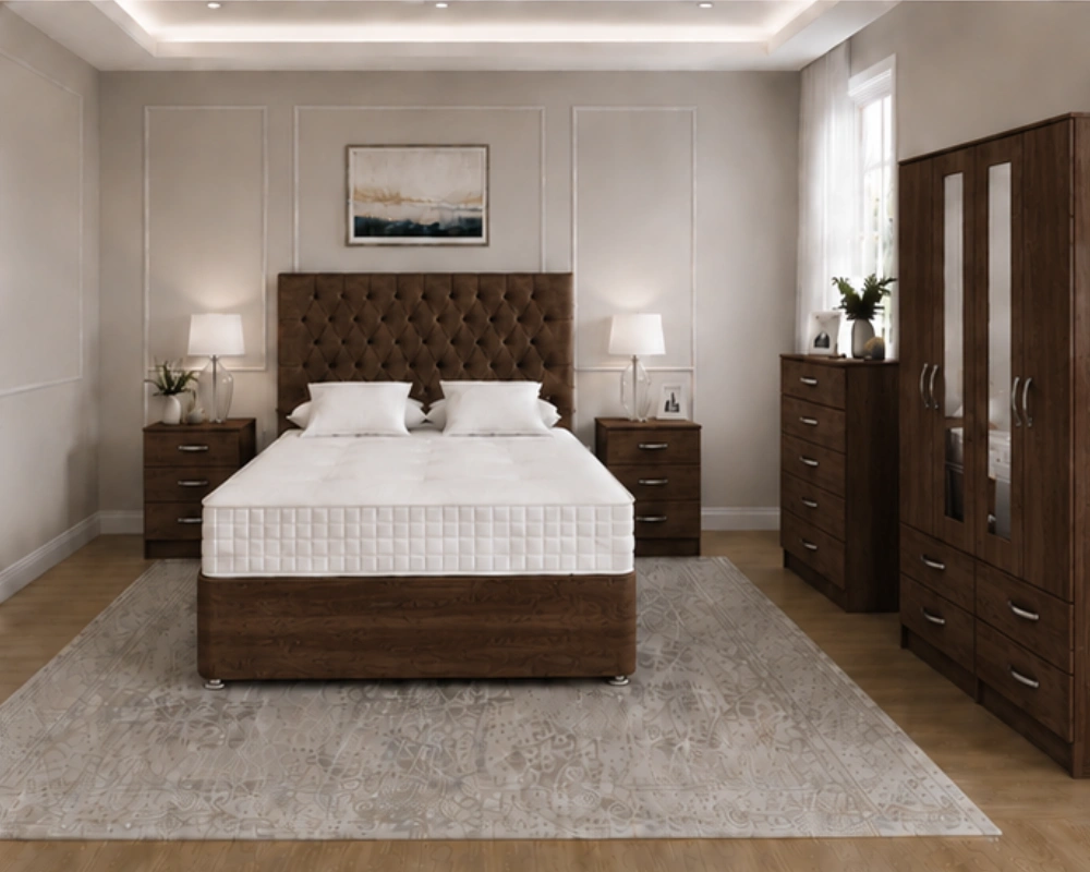 12 Double Bed Furniture Suite with Wardrobe and Storage Units Elegant Walnut Bedroom Set Including 4 Door Mirrored Wardrobe, Chest of Drawers and Side Tables - Image 1