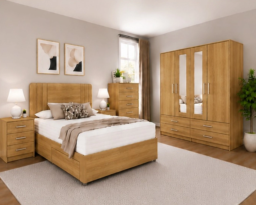 12 Modern Double Bed Set with Wardrobe & Matching Bedroom Units Premium Storage Furniture Collection - Double Bed - Four Door Wardrobe With Dual Mirrors - Five Drawer Chest - Image 1
