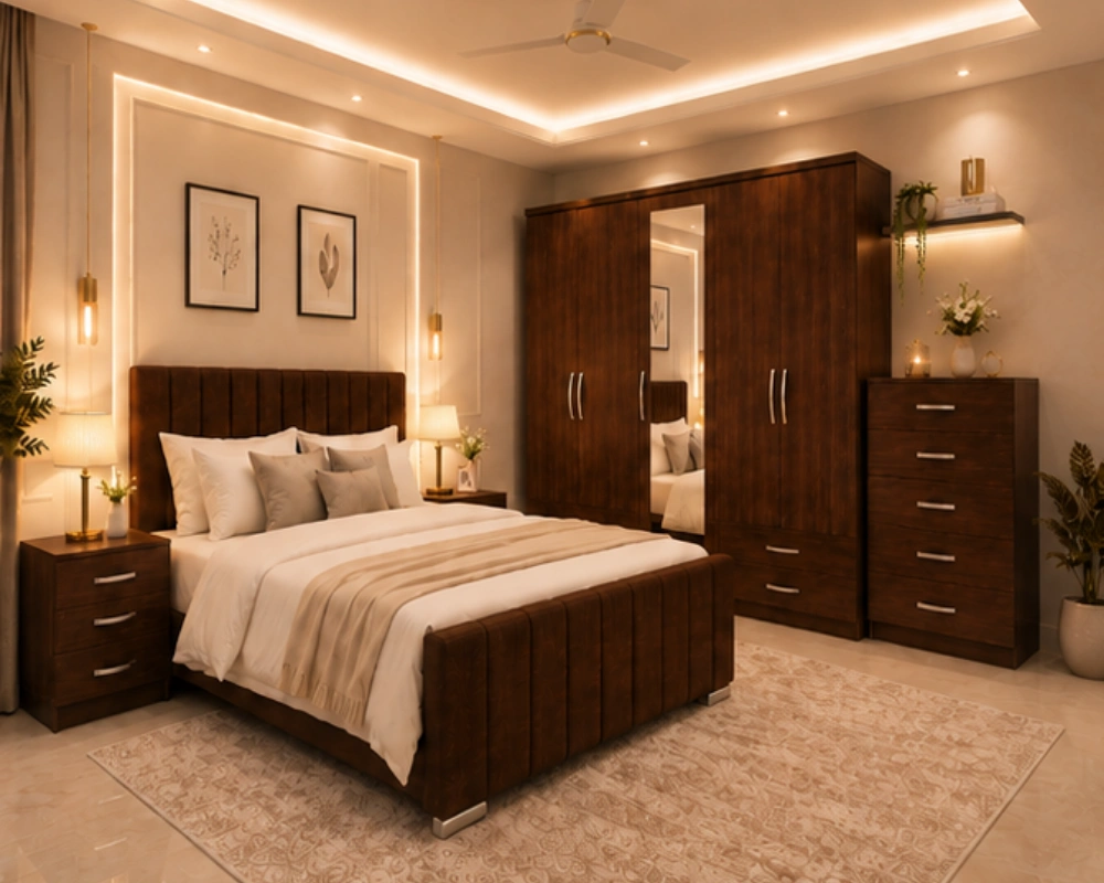 12 Premium Double Bedroom Furniture Bundle – Complete Bed Set Modern Luxury Bed With Four Door Wardrobe With Four Drawer - Chest of Five Drawers With Two Bed Side Table - Image 1