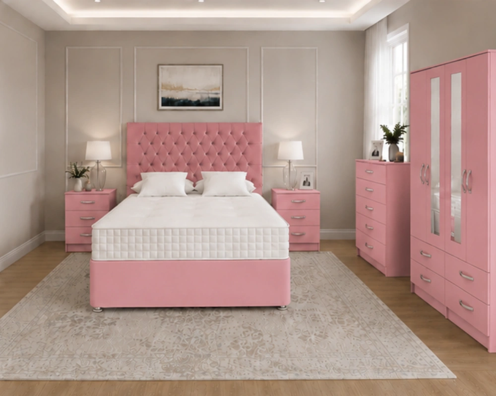 13 Stylish Bedroom Suite with Double Bed – Complete Home Furniture Stylish Pink Complete Bedroom Furniture Set – Four Door Wardrobe with Four Bottom Drawers - Image 1