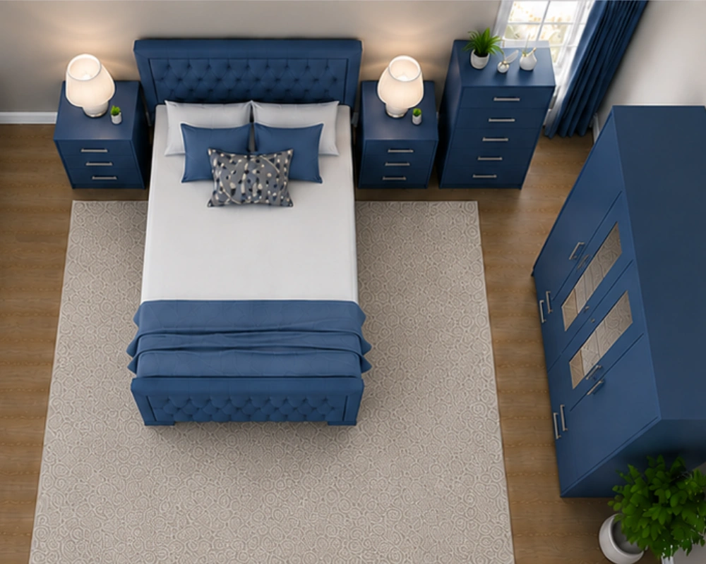 15 Modern Bedroom Suite – Double Bed with Coordinated Furniture Wooden Double Bed Furniture Set - Six Door Wardrobe With Four Drawer - Chest of Five Drawers With Two Bed Side Table - Image 1