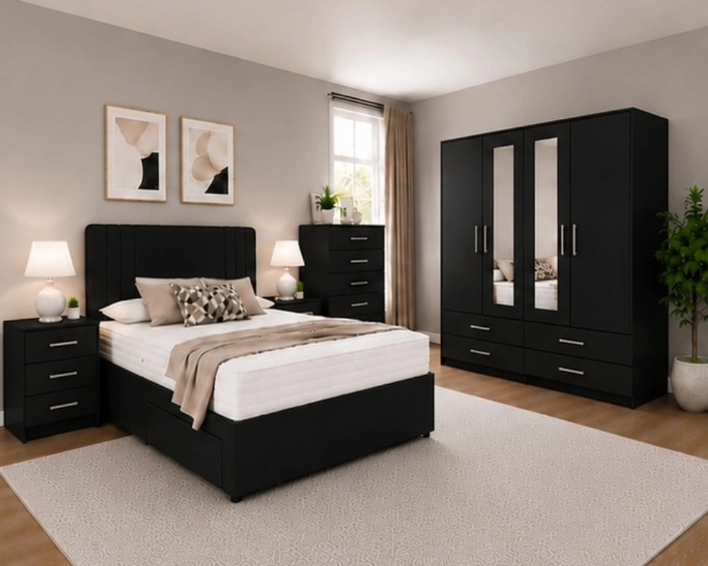 15 Modern Complete Bedroom Suite Set – Double Bed, 5-Door Wardrobe, Bedside Tables & Storage Chest Stylish Bedroom Storage Package - Four Door Wardrobe With Two Mirrors - Four Drawer Base - Double Bed - Image 1