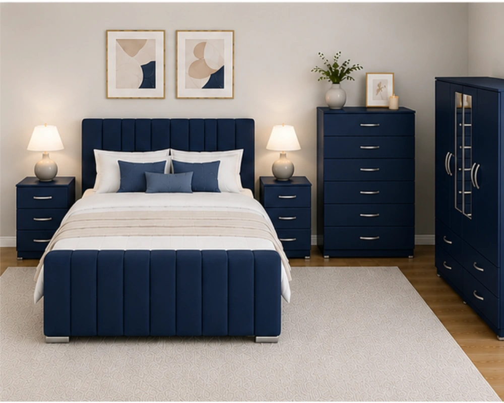 16 Complete Bedroom Set with Mirrored Wardrobe – Double Bed, Bedside Tables & 5-Drawer Chest Double Bed Storage Furniture Set - 4 Door Mirror Wardrobe - Five Drawer Chest - Matching Bedside Tables - Image 1