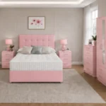Elegant Pink Complete Bedroom Set – Four Door Wardrobe with Four Bottom Drawers – Chest of Five Drawers & Two Bedside Tables