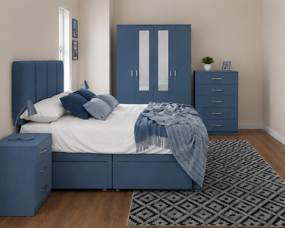 17 Modern Premium Complete Bedroom Furniture – Double Bed, 5-Door Wardrobe, Bedside Tables & Chest Designer Storage Bedroom Set - Double Bed - Four Door Wardrobe With Mirror Fronts - Four Bottom Drawers - Five Drawer Chest - Image 1