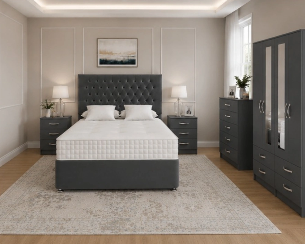 18 Complete Double Bedroom Furniture Package – Stylish & Practical Modern Grey Bedroom Collection - 4 Door Wardrobe with Chest of Drawers & Bedside Tables - Image 1