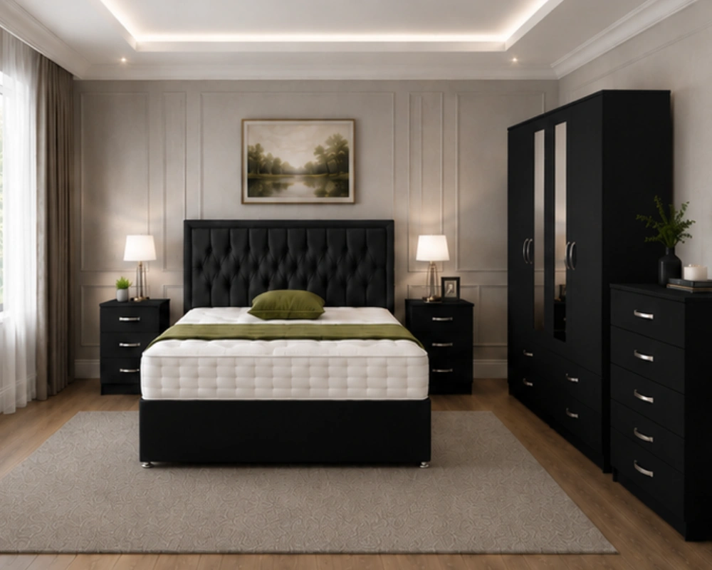 18 Complete Elegant Bedroom Suite – Double Bed, Mirrored Wardrobe, Bedside Cabinets & Drawer Chest Master Bedroom Collection - Double Bed - 4 Door Wardrobe With Two Mirror Doors - Four Bottom Drawers - Bedside Table Pair - Image 1