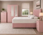 Contemporary Double Bed Furniture Set - Three Door Mirror Wardrobe With Two Bottom Drawers - Chest of Five Drawers - Two Bedside Tables - Image 3
