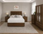 Modern Storage Walnut Color Bedroom Set with Drawers - 2 Nightstands, 4 Door Wardrobe & Chest of Drawers
