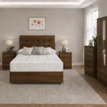 Modern Storage Walnut Color Bedroom Set with Drawers - 2 Nightstands, 4 Door Wardrobe & Chest of Drawers