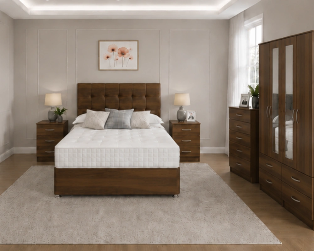 19 Complete Bedroom Makeover Set with Double Bed – Modern Furniture Modern Storage Walnut Color Bedroom Set with Drawers - 2 Nightstands, 4 Door Wardrobe & Chest of Drawers - Image 1