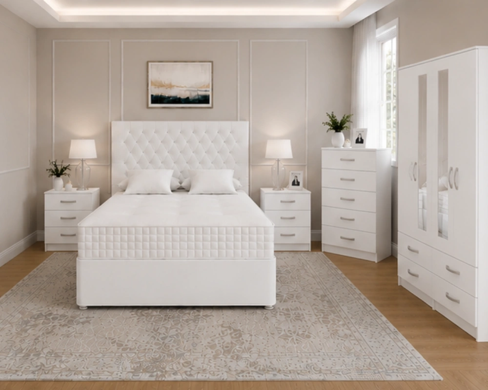 19 Complete Double Bedroom Suite – Modern Matching Furniture Collection Luxury White Bedroom Furniture Set -4 Door Wardrobe, Chest of drawers & Bedside Tables - Image 1