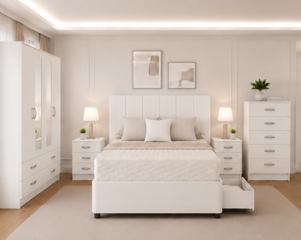 2 Complete Bedroom Furniture Set with Double Bed, Wardrobe & Bedside Tables Complete Master Bedroom Furniture - 4 Door Mirror Wardrobe With Four Bottom Drawers - Double Bed - Two Bedside Tables - Image 1