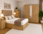 Complete Bedroom Storage Set – Double Bed, Five Door Wardrobe with Full Length Mirror, Chest of Five Drawers & 2 Bed Side Tables
