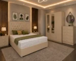 Luxury Double Bed Furniture Set – Three Door Wardrobe with Two Half Mirrors & Two Bottom Drawers – Chest of Five Drawers with Two Bed Side Tables