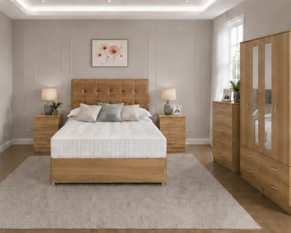 2 Double Bed with Matching Bedroom Storage – Complete Furniture Suite Premium Oak Bedroom Set with Chest of Drawers & Side Tables, Wardrobe - Image 1