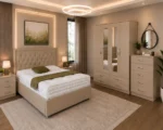 Modern Complete Bedroom Collection – Double Bed with Four Door Wardrobe, Three Half Mirrors, Four Bottom Drawers & Chest of Five Drawers