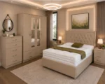 Modern Complete Bedroom Collection – Double Bed with Four Door Wardrobe, Three Half Mirrors, Four Bottom Drawers & Chest of Five Drawers - Image 3