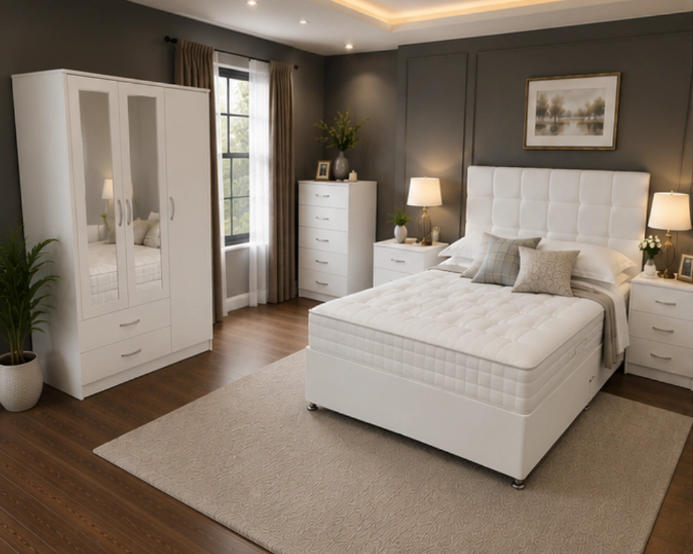 20 Modern Double Bed Bedroom Package – Complete Matching Suite Elegant Double Bed with Three Door Wardrobe With Four Drawer - Chest of Five Drawers With Two Bed Side Table - Image 1