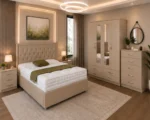 Modern Complete Bedroom Collection – Double Bed with Four Door Wardrobe, Three Half Mirrors, Four Bottom Drawers & Chest of Five Drawers - Image 4