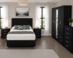 Luxury Bedroom Package – Double Bed with Five Door Mirror Wardrobe, 4 Bottom Drawers, Five Drawer Chest & Bed Side Tables