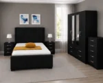 Elegant Double Bed Room Furniture Set – Four Door Wardrobe, Three Half Mirrors, Four Bottom Drawers & Matching Bed Side Tables