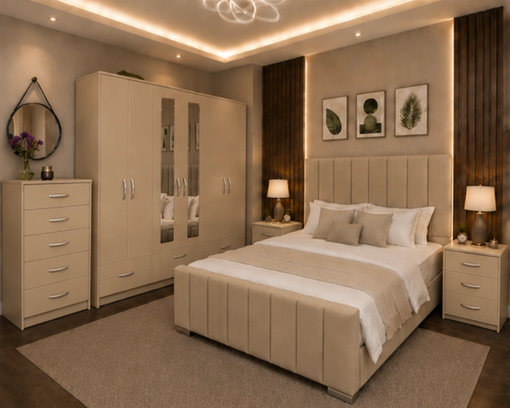 23 Modern Double Bed Suite – Complete Wardrobe & Storage Collection Complete Double Bed Furniture Package - Six Door Wardrobe With Four Drawer - Chest of Five Drawers With Two Bed Side Table - Image 1