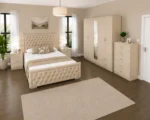 Luxury Double Bed Suite - Five Door Mirror Wardrobe With Four Bottom Drawers - Chest of Five Drawers - Two Bedside Tables