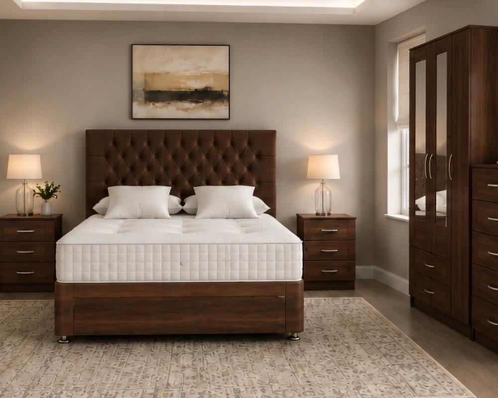29 Complete Luxury Bedroom Set – Modern Double Bed, Mirrored Wardrobe, Bedside Tables & Chest Designer Double Bed Set - 3 Door Mirror Wardrobe With Two Bottom Drawers - Chest of Five Drawers - Bedside Table Pair - Image 1