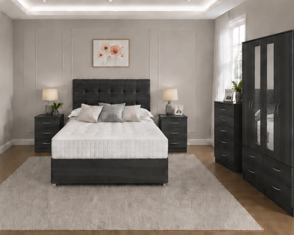3 Complete Bedroom Collection with Double Bed – Modern Home Style Stylish Charcoal Color Bedroom Collection with 4 Door Wardrobe - Bedside Cabinets, Chest of Drawers - Image 1