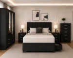 Double Bed Furniture Set - Four Door Wardrobe With Two Half Length Mirrors And Four Bottom Drawers - Chest of Five Drawers - Two Bedside Tables