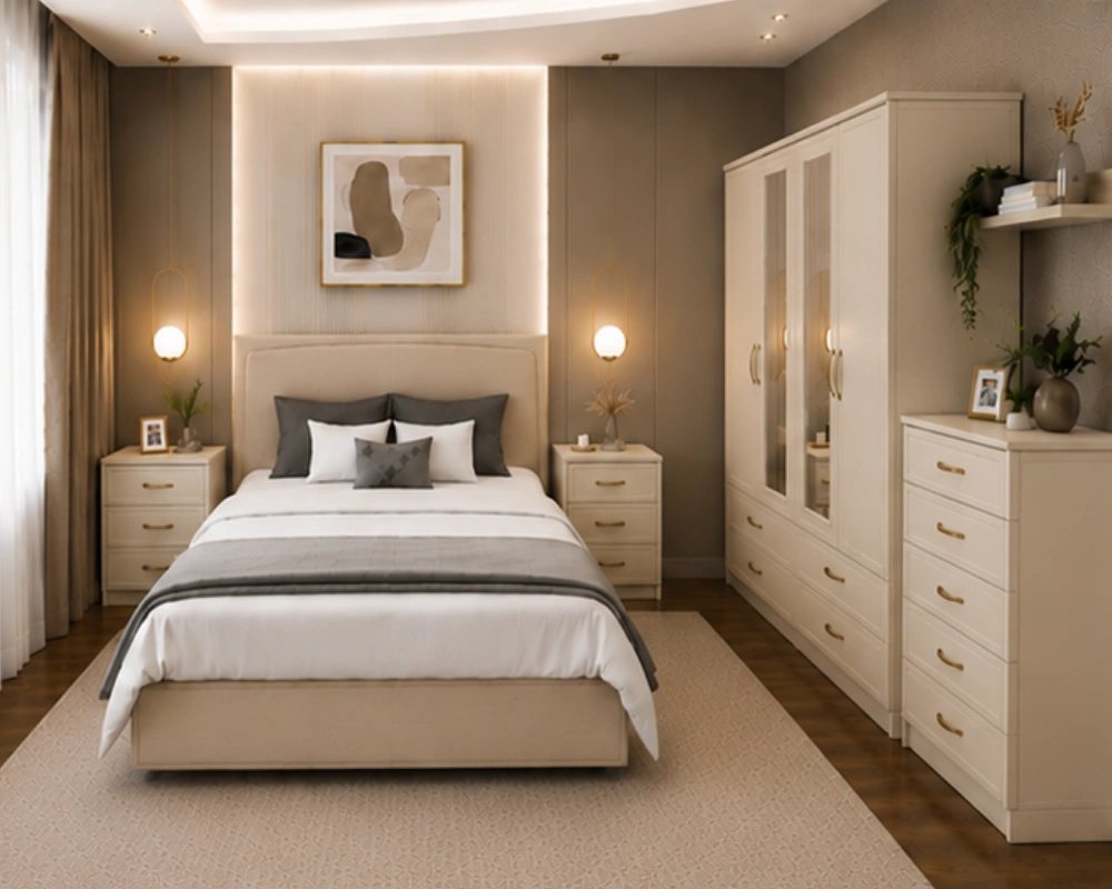 3 Modern Double Bed Set with Wardrobe, Chest of Drawers & Bedside Tables uxury Double Bed Furniture Set – Four Door Wardrobe with Four Bottom Drawers – Chest of Five Drawers with Two Bedside Tables - Image 1