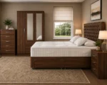 Designer Double Bed Set - 3 Door Mirror Wardrobe With Two Bottom Drawers - Chest of Five Drawers - Bedside Table Pair - Image 3