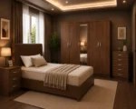 Modern Walnut Double Bed Bedroom Furniture Set - Five Door Mirrored Wardrobe - Chest of Five Drawers & Two Bedside Tables - Image 4