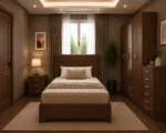 Modern Walnut Double Bed Bedroom Furniture Set - Five Door Mirrored Wardrobe - Chest of Five Drawers & Two Bedside Tables