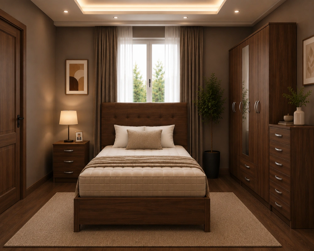 32 Contemporary Complete Bedroom Set – Double Bed, Mirrored Wardrobe, Bedside Tables & Drawer Chest Modern Walnut Double Bed Bedroom Furniture Set - Five Door Mirrored Wardrobe - Chest of Five Drawers & Two Bedside Tables - Image 1