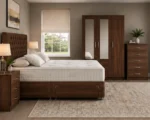 Designer Double Bed Set - 3 Door Mirror Wardrobe With Two Bottom Drawers - Chest of Five Drawers - Bedside Table Pair - Image 2
