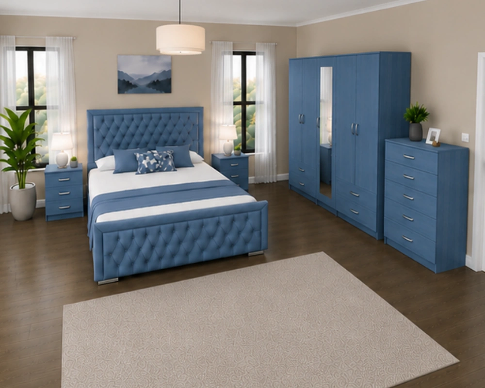36 Complete Premium Bedroom Furniture – Double Bed, 5-Door Wardrobe, 2 Bedside Tables & Drawer Chest Elegant Bedroom Collection - Double Bed - Five Door Mirror Wardrobe With Four Drawers - Chest of Five Drawers - Two Bedside Tables - Image 1